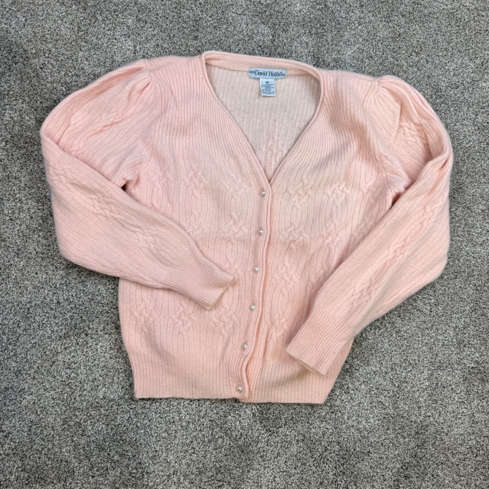 Vintage David Hollis Pink Lambswool Angora Cable Knit Pearl Button Cardigan M